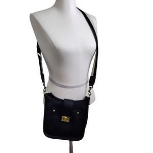 STEVE MADDEN CROSSBODY PURSE FAUX VEGAN LEATHER BLACK STRIPED STRAP GOLD ACCENTS